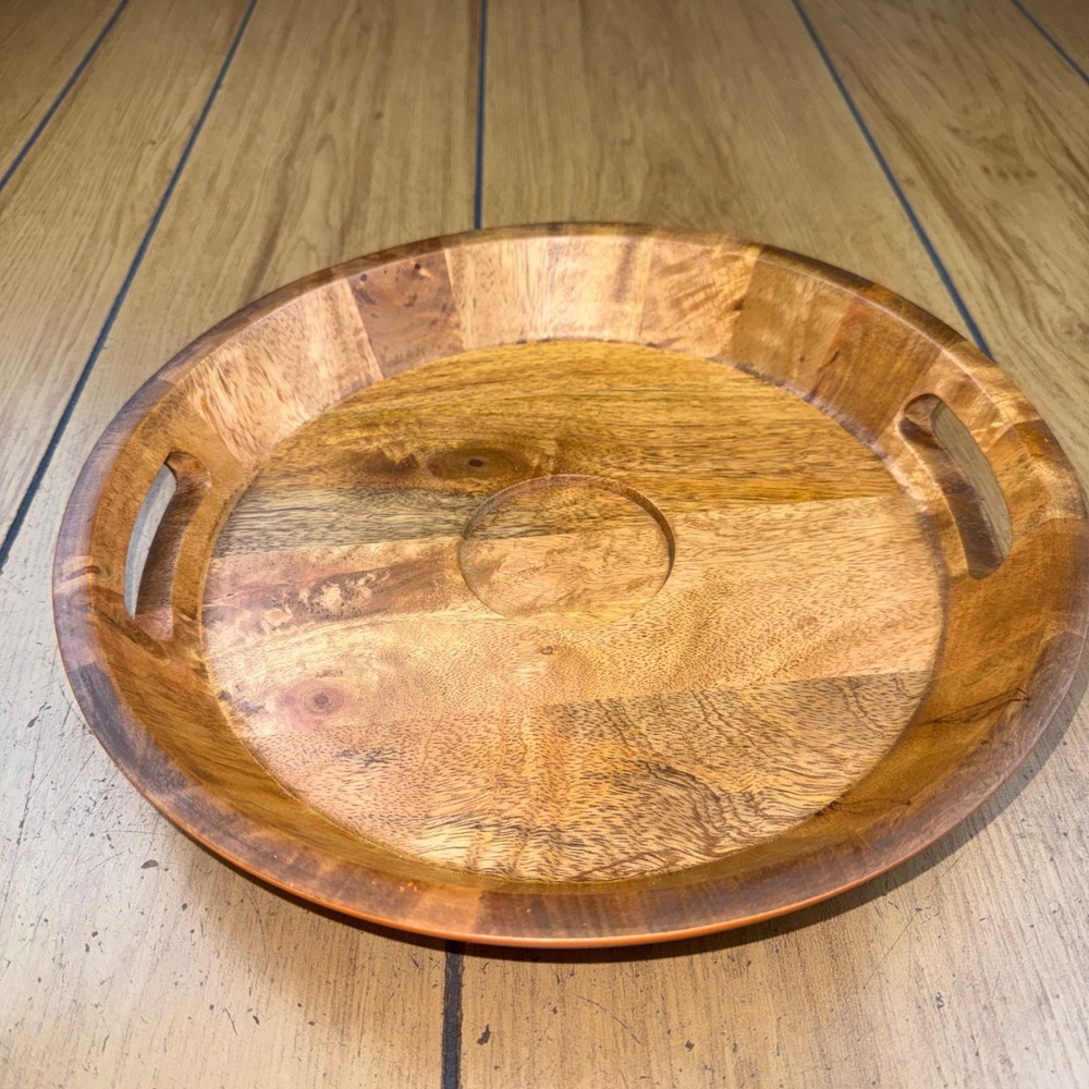 Good Living by Latina Round Wood Serving Tray Orange Exterior Integrated Handles
